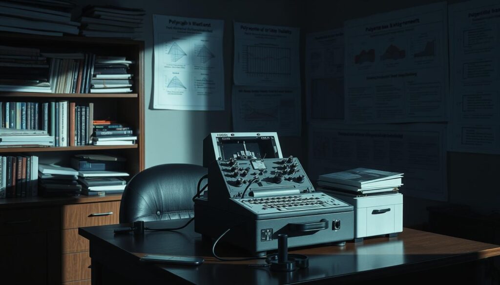 A dimly lit office setting with a polygraph machine prominently displayed on a desk. The device is partially disassembled, exposing its intricate inner workings. The background features a cluttered bookshelf and a wall covered in charts and diagrams highlighting the limitations and inaccuracies of polygraph testing. The lighting casts long shadows, creating a somber, pensive atmosphere. The overall composition suggests the complexities and controversies surrounding the reliability and validity of polygraph technology. A dimly lit office setting with a polygraph machine prominently displayed on a desk. The device is partially disassembled, exposing its intricate inner workings. The background features a cluttered bookshelf and a wall covered in charts and diagrams highlighting the limitations and inaccuracies of polygraph testing. The lighting casts long shadows, creating a somber, pensive atmosphere. The overall composition suggests the complexities and controversies surrounding the reliability and validity of polygraph technology.