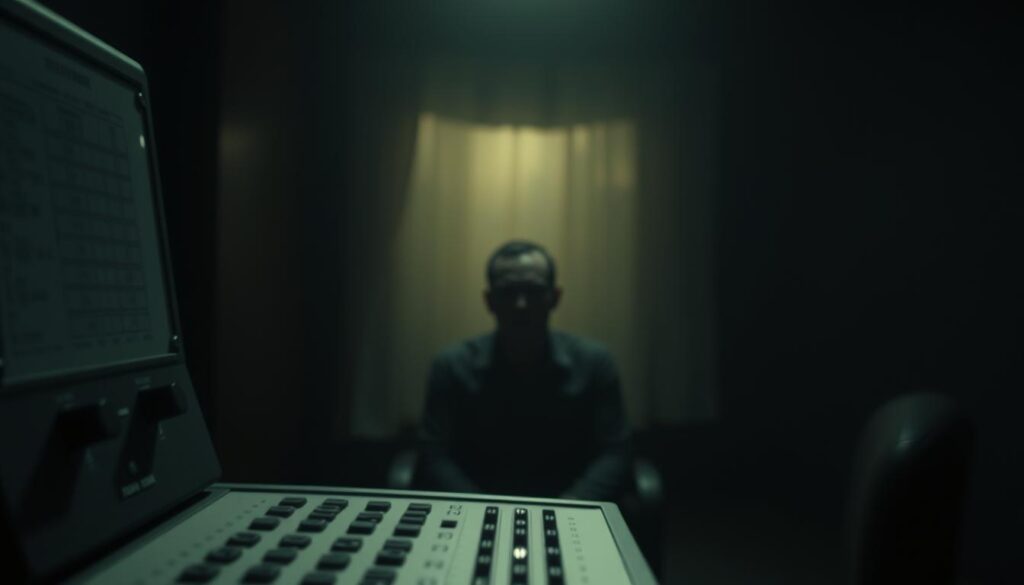 A dimly lit room with a polygraph machine in the foreground, its dials and readouts casting a soft glow. In the middle ground, a person sits tensely, their face partially obscured by shadows, as they undergo the test. The background is hazy, suggesting the complex factors that can influence the reliability of polygraph results, such as physiological differences, emotional states, and environmental conditions. The lighting is moody and atmospheric, creating a sense of uncertainty and the weight of the situation. A dimly lit room with a polygraph machine in the foreground, its dials and readouts casting a soft glow. In the middle ground, a person sits tensely, their face partially obscured by shadows, as they undergo the test. The background is hazy, suggesting the complex factors that can influence the reliability of polygraph results, such as physiological differences, emotional states, and environmental conditions. The lighting is moody and atmospheric, creating a sense of uncertainty and the weight of the situation.