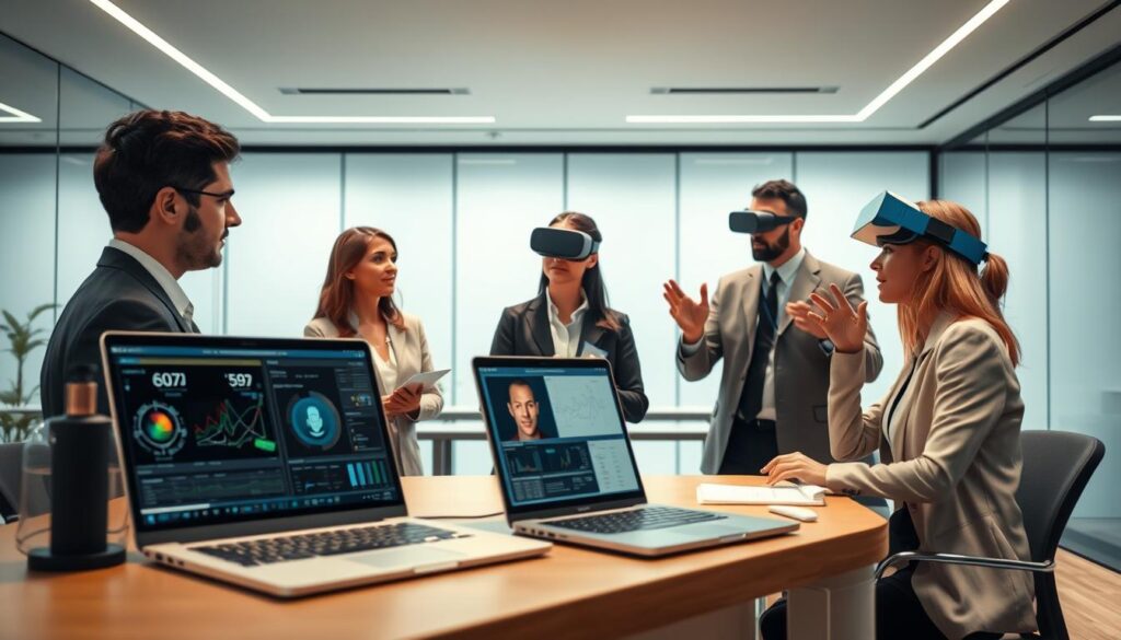 A well-lit, detailed scene depicting various alternative integrity screening methods used in the workplace, such as AI-powered facial analysis, voice stress analysis, and virtual reality-based behavioral assessments. In the foreground, a desk with a laptop showcasing data visualizations and test results. In the middle ground, professionals administering these alternative techniques to candidates, with a focus on their expressions and body language. In the background, a sleek, modern office environment with clean lines and muted colors, conveying a sense of professionalism and innovation. The overall mood is one of technological advancement and a forward-thinking approach to workplace integrity assessment. A well-lit, detailed scene depicting various alternative integrity screening methods used in the workplace, such as AI-powered facial analysis, voice stress analysis, and virtual reality-based behavioral assessments. In the foreground, a desk with a laptop showcasing data visualizations and test results. In the middle ground, professionals administering these alternative techniques to candidates, with a focus on their expressions and body language. In the background, a sleek, modern office environment with clean lines and muted colors, conveying a sense of professionalism and innovation. The overall mood is one of technological advancement and a forward-thinking approach to workplace integrity assessment.
