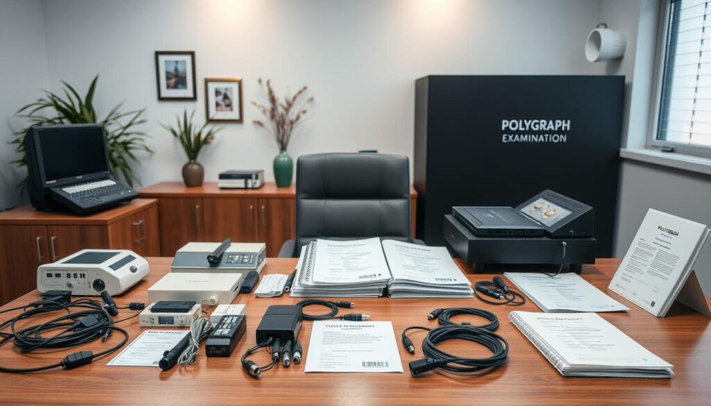 Detailed polygraph examination packages arranged in a professional office setting. The foreground features various polygraph equipment, sensors, and cables neatly organized on a wooden desk. The middle ground showcases information binders, training manuals, and certification documents. The background depicts a minimalist wall with tasteful decor, subtle lighting, and a window providing natural illumination. The overall atmosphere conveys a sense of expertise, reliability, and attention to detail, reflecting the high-quality services offered by the polygraph provider.