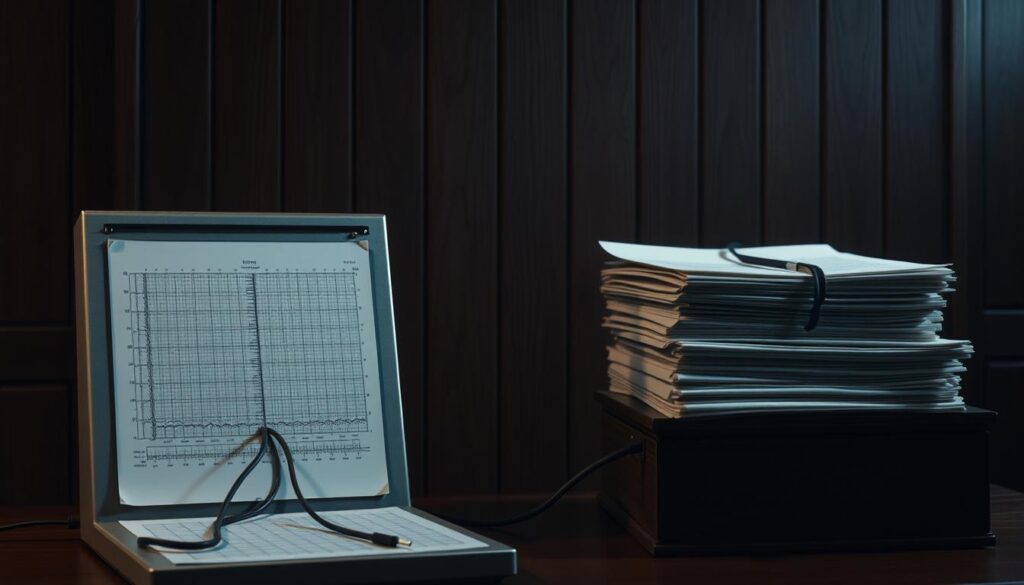 Polygraph error rate legal standards: a realistic visualization. Against a dimly lit, wood-paneled backdrop, a polygraph machine stands prominently, its needles tracing intricate lines across a paper chart. The foreground is sharply focused, with the device's sleek metal casing and coiled cables conveying a sense of precision and authority. Subtly illuminated in the middle ground, a stack of legal documents hints at the complex regulatory framework governing the use of polygraph technology. Atmospheric lighting casts deep shadows, evoking the gravity and high stakes involved in the admissibility of such evidence. An aura of professionalism and judicial scrutiny permeates the scene, reflecting the nuanced legal standards that define the acceptable error rates for this investigative tool. Polygraph error rate legal standards: a realistic visualization. Against a dimly lit, wood-paneled backdrop, a polygraph machine stands prominently, its needles tracing intricate lines across a paper chart. The foreground is sharply focused, with the device's sleek metal casing and coiled cables conveying a sense of precision and authority. Subtly illuminated in the middle ground, a stack of legal documents hints at the complex regulatory framework governing the use of polygraph technology. Atmospheric lighting casts deep shadows, evoking the gravity and high stakes involved in the admissibility of such evidence. An aura of professionalism and judicial scrutiny permeates the scene, reflecting the nuanced legal standards that define the acceptable error rates for this investigative tool.