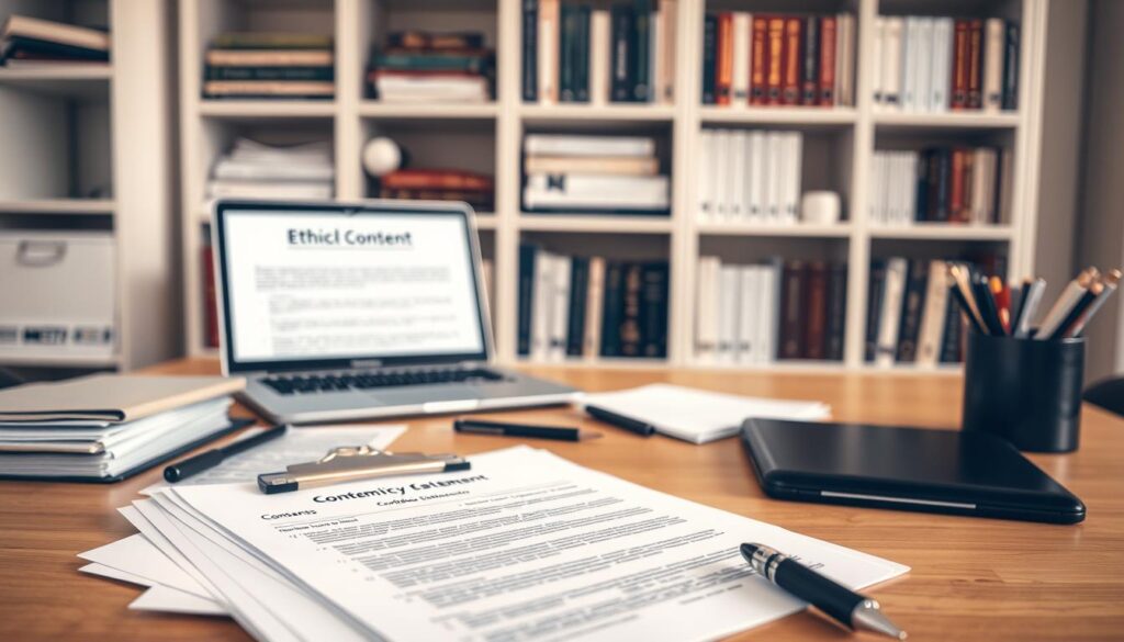 A clear and professional workspace featuring a neatly arranged desk with various ethical testing consent forms prominently displayed. In the foreground, focus on a stack of consent forms with a clipboard, pens, and a few documents partially visible. In the middle, include a laptop with a confidentiality statement open on the screen, suggesting an ongoing analysis. In the background, soft-focus shelves filled with books about ethics and workplace standards, evoking a sense of professionalism. Utilize warm, natural lighting to create a welcoming atmosphere, highlighting the importance of consent in a serious context. Angle the shot slightly from above for an engaging perspective, ensuring the image remains organized and clutter-free, reflecting a commitment to confidentiality and ethical practices.