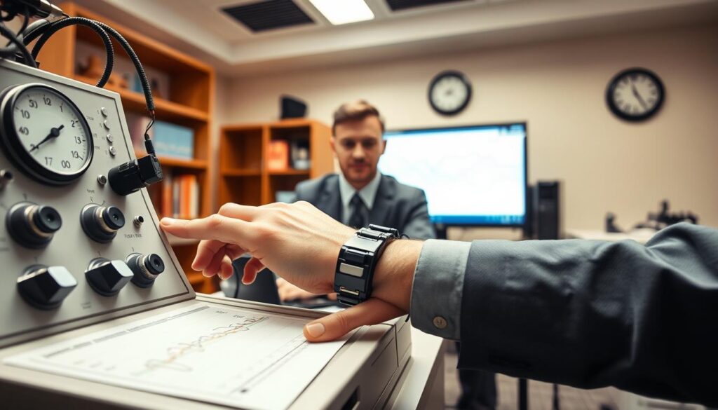 A detailed close-up of a polygraph machine with multiple sensors attached to a person’s wrist and fingers, who is dressed in professional attire, sitting in a modern testing room. The foreground highlights the machine's intricate dials and graph printout showing fluctuating lines, representing the test results. In the middle ground, a serious-looking technician observes the data from a screen, conveying a sense of precision and scrutiny. The background includes soft lighting illuminating the room, with a blurred bookshelf and a clock hinting at the passage of time. The atmosphere is tense yet analytical, emphasizing the concept of accuracy limits and the potential for false positives and negatives. The image should evoke curiosity about the reliability of polygraph tests. A detailed close-up of a polygraph machine with multiple sensors attached to a person’s wrist and fingers, who is dressed in professional attire, sitting in a modern testing room. The foreground highlights the machine's intricate dials and graph printout showing fluctuating lines, representing the test results. In the middle ground, a serious-looking technician observes the data from a screen, conveying a sense of precision and scrutiny. The background includes soft lighting illuminating the room, with a blurred bookshelf and a clock hinting at the passage of time. The atmosphere is tense yet analytical, emphasizing the concept of accuracy limits and the potential for false positives and negatives. The image should evoke curiosity about the reliability of polygraph tests.