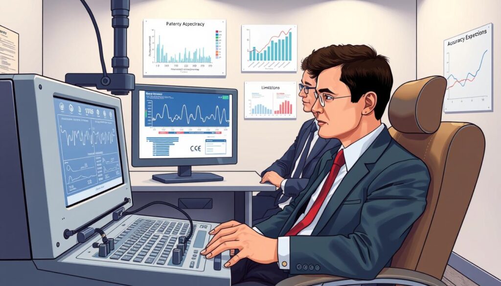A detailed illustration of a polygraph machine in action, set in a professional examination room. In the foreground, focus on a high-tech polygraph with sensors attached to a calm, professional individual dressed in business attire, sitting comfortably in a chair. In the middle ground, a skilled examiner, also in business attire, monitors the readings on a digital screen, attentively observing the data. In the background, soft, ambient lighting creates a serious yet reassuring atmosphere, highlighting charts and graphs on the walls that symbolize accuracy and limitations in polygraph testing. The composition conveys a sense of professionalism and scientific inquiry, capturing the essence of accuracy expectations in a polygraph examination. A detailed illustration of a polygraph machine in action, set in a professional examination room. In the foreground, focus on a high-tech polygraph with sensors attached to a calm, professional individual dressed in business attire, sitting comfortably in a chair. In the middle ground, a skilled examiner, also in business attire, monitors the readings on a digital screen, attentively observing the data. In the background, soft, ambient lighting creates a serious yet reassuring atmosphere, highlighting charts and graphs on the walls that symbolize accuracy and limitations in polygraph testing. The composition conveys a sense of professionalism and scientific inquiry, capturing the essence of accuracy expectations in a polygraph examination.