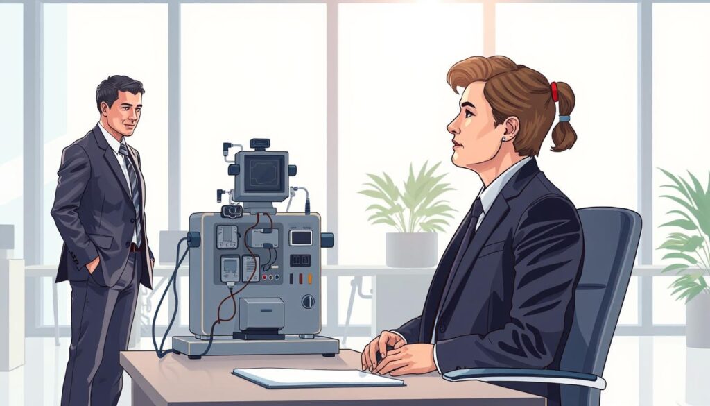 A detailed illustration of the polygraph solution process in a modern office setting. In the foreground, a professional, well-dressed HR manager is observing a polygraph machine as it records a subject's physiological responses. In the middle ground, the polygraph machine is prominently displayed, showing various sensors attached to a calm, seated individual in professional attire, maintaining a neutral expression. The background features a well-lit corporate environment with soft, natural lighting streaming through large windows, creating an atmosphere of focus and professionalism. The composition should emphasize the importance of the testing process in dispute resolution, with a soothing color palette that conveys trust and clarity. No text, logos, or people engaged in any form of unprofessional behavior are present.