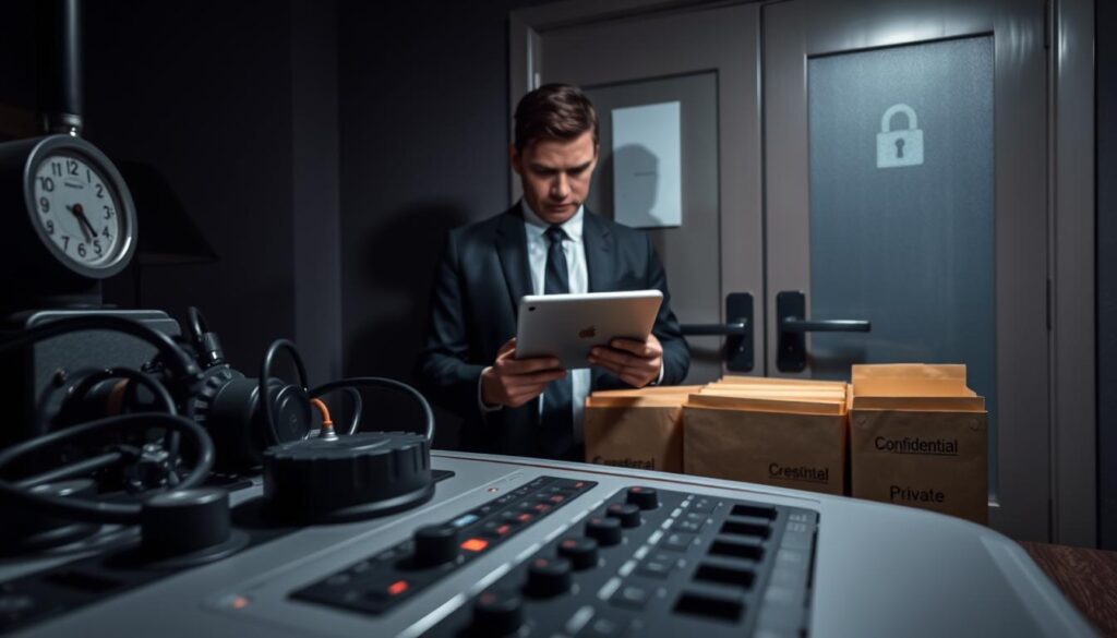 A dimly lit, secure office environment focusing on a sleek, high-tech polygraph machine in the foreground, emphasizing its complex dials and wires. In the middle ground, a serious-looking professional wearing a tailored suit is reviewing confidential results on a digital tablet, surrounded by manila folders labeled "Confidential" and "Private" to symbolize secure handling of sensitive information. The background features a closed door with a frosted glass pane and a lock symbol, reinforcing the atmosphere of confidentiality and ethics. Soft, downlight illuminates the scene, creating shadows that evoke a sense of secrecy and responsibility. The mood is serious and contemplative, embodying the importance of privacy in workplace testing.