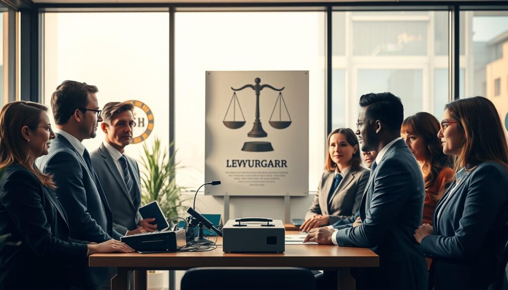 A harmonious office scene illustrating unionized workforce rules concerning polygraph testing. In the foreground, diverse professionals in formal business attire engage in a focused discussion about employee rights, surrounded by union symbols and polygraph equipment. In the middle ground, a large poster depicting the balance of justice with a polygraph illustration subtly integrated, representing law protections. The background features a modern office setting with large windows letting in soft daylight, casting warm shadows that enhance the serious yet collaborative atmosphere. The image should capture a sense of professionalism and unity, with a slight lens vignette to emphasize the central discussion around ethical implications of lie detection in the workplace. A harmonious office scene illustrating unionized workforce rules concerning polygraph testing. In the foreground, diverse professionals in formal business attire engage in a focused discussion about employee rights, surrounded by union symbols and polygraph equipment. In the middle ground, a large poster depicting the balance of justice with a polygraph illustration subtly integrated, representing law protections. The background features a modern office setting with large windows letting in soft daylight, casting warm shadows that enhance the serious yet collaborative atmosphere. The image should capture a sense of professionalism and unity, with a slight lens vignette to emphasize the central discussion around ethical implications of lie detection in the workplace.