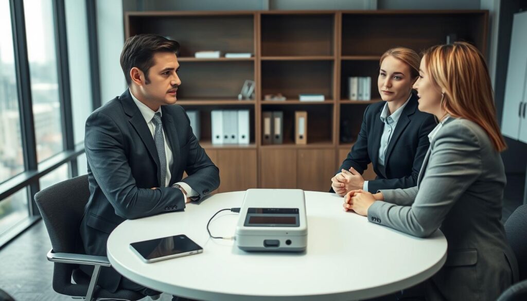 A modern office environment serves as the backdrop, showcasing a round table where a formal polygraph test is about to take place. In the foreground, a confident HR professional, wearing a tailored suit, is seated across from an employee in business attire, both looking poised yet engaged in a serious discussion about consent. The polygraph machine, sleek and digital, occupies the center of the table, connected to the employee. Soft, diffused lighting enhances the professional atmosphere, casting gentle shadows that highlight the expression of mutual respect and focus on both faces. The background features shelves with documents and a large window revealing a cityscape, symbolizing transparency and clarity. The overall mood conveys a sense of professionalism, trust, and the importance of employee rights within workplace conflict resolution.