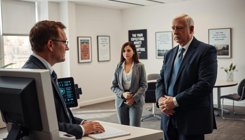 A modern office setting designed for a polygraph examination. In the foreground, a professional-looking examiner, a middle-aged man in a dark suit, sits attentively next to a high-tech polygraph machine, which displays various readings. The middle ground features a young female employee in modest business attire, appearing slightly anxious but composed as she prepares for the test. Soft, natural lighting filters in through large windows, enhancing the serious yet calm atmosphere. In the background, minimalist office decor and motivational posters on the wall create a professional environment, while a round table with chairs is set up for further discussions, emphasizing the investigative process. The overall mood conveys a blend of intensity and professionalism, capturing the essence of workplace investigations.