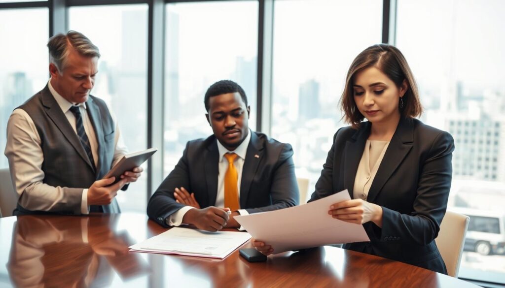 A modern office setting, featuring a diverse group of professionals engaged in a discussion around a conference table. In the foreground, a well-dressed HR manager, a middle-aged Asian woman, is reviewing documents related to background checks, looking focused. In the middle, a younger Black male candidate, dressed in smart business attire, is seated, appearing attentive and engaged. To the left, a white male colleague is taking notes on a digital tablet, highlighting the integration of technology in the employment screening process. The background features a large window with cityscape views, bathed in soft, natural light to create a professional and inviting atmosphere. The mood is serious yet collaborative, emphasizing effective communication and trust in the hiring process. A modern office setting, featuring a diverse group of professionals engaged in a discussion around a conference table. In the foreground, a well-dressed HR manager, a middle-aged Asian woman, is reviewing documents related to background checks, looking focused. In the middle, a younger Black male candidate, dressed in smart business attire, is seated, appearing attentive and engaged. To the left, a white male colleague is taking notes on a digital tablet, highlighting the integration of technology in the employment screening process. The background features a large window with cityscape views, bathed in soft, natural light to create a professional and inviting atmosphere. The mood is serious yet collaborative, emphasizing effective communication and trust in the hiring process.