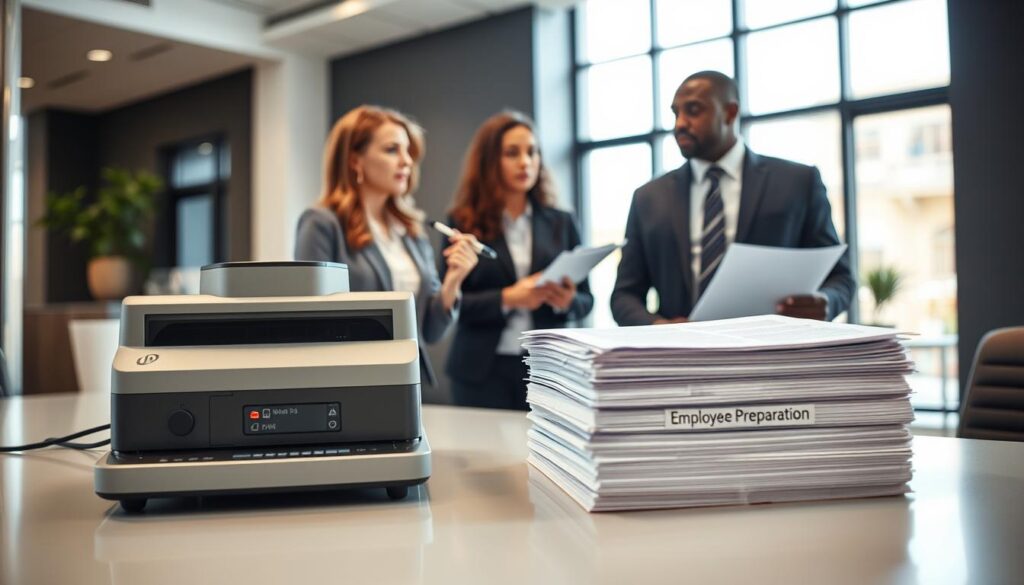 A modern office setting focused on workplace polygraph preparation. In the foreground, a professional polygraph machine is prominently displayed on a sleek conference table, alongside a stack of documents labeled “Employee Preparation.” In the middle ground, two diverse staff members, a Caucasian woman and an African American man, are engaged in a serious discussion, both dressed in business attire. The woman holds a pen, gesturing towards the documents, while the man listens attentively. In the background, large windows let in natural light, illuminating the contemporary office décor. The overall atmosphere is focused and serious, emphasizing communication and preparation for the polygraph process. The lens is set to a shallow depth of field, bringing the foreground into sharp focus while the background gently blurs.