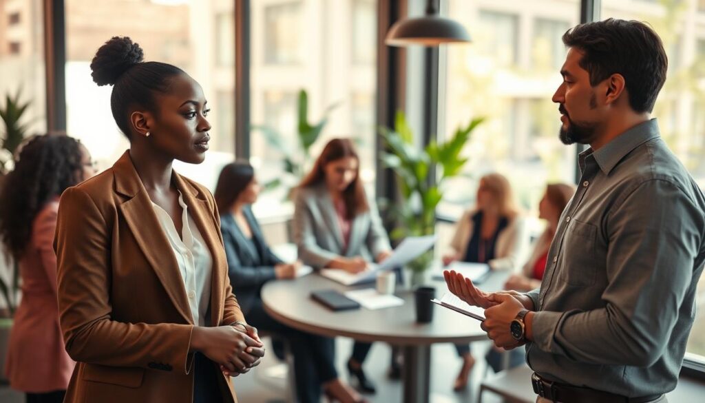 A modern office setting showcasing a group of diverse professionals engaged in a candid discussion about workplace honesty and effective communication. In the foreground, two individuals—one Black woman in a stylish blazer and one Hispanic man in a neat button-up shirt—are exchanging ideas, with expressions of focus and trust. The middle ground features a round table with additional team members, all dressed in professional business attire, actively listening and taking notes. The background reveals large windows allowing natural light to flood the space, plants adding vibrancy. The atmosphere is collaborative and open, emphasizing the theme of integrity and transparency in team communication, captured with a warm, soft-focus lens to create an inviting and engaging mood. A modern office setting showcasing a group of diverse professionals engaged in a candid discussion about workplace honesty and effective communication. In the foreground, two individuals—one Black woman in a stylish blazer and one Hispanic man in a neat button-up shirt—are exchanging ideas, with expressions of focus and trust. The middle ground features a round table with additional team members, all dressed in professional business attire, actively listening and taking notes. The background reveals large windows allowing natural light to flood the space, plants adding vibrancy. The atmosphere is collaborative and open, emphasizing the theme of integrity and transparency in team communication, captured with a warm, soft-focus lens to create an inviting and engaging mood.