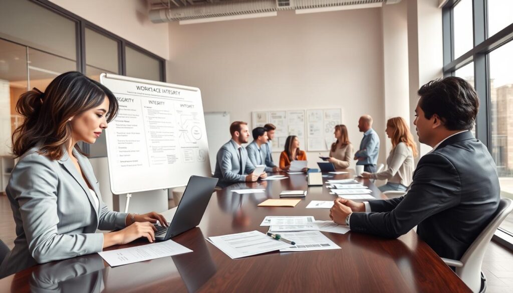 A professional office setting depicting a diverse team of employees collaborating to implement workplace integrity measures. In the foreground, a focused woman in business attire is reviewing a checklist on a laptop, while a man in a suit gestures towards a whiteboard filled with integrity principles and flowcharts. The middle ground features several engaged team members discussing in small groups, with various documents and integrity assessment tools spread across a polished conference table. The background shows a bright, modern office with large windows allowing natural light to flood the space. The overall atmosphere conveys motivation, teamwork, and a commitment to ethical practices, with a warm and inspiring color palette. The scene is captured using a wide-angle lens to create an immersive perspective, emphasizing collaboration and integrity in the workplace. A professional office setting depicting a diverse team of employees collaborating to implement workplace integrity measures. In the foreground, a focused woman in business attire is reviewing a checklist on a laptop, while a man in a suit gestures towards a whiteboard filled with integrity principles and flowcharts. The middle ground features several engaged team members discussing in small groups, with various documents and integrity assessment tools spread across a polished conference table. The background shows a bright, modern office with large windows allowing natural light to flood the space. The overall atmosphere conveys motivation, teamwork, and a commitment to ethical practices, with a warm and inspiring color palette. The scene is captured using a wide-angle lens to create an immersive perspective, emphasizing collaboration and integrity in the workplace.
