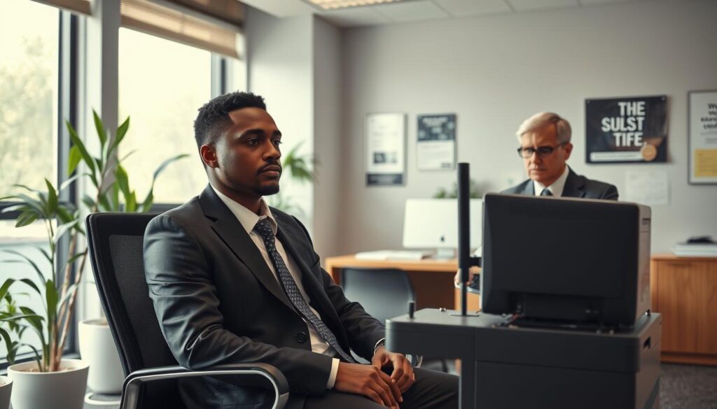 A professional office setting depicting a workplace polygraph testing procedure. In the foreground, a calm, focused individual of diverse ethnicity sits in a modern office chair, attached to a polygraph machine, wearing a smart business suit. The middle ground features a certified examiner, diligently monitoring the machine while taking notes, dressed in professional business attire. The background shows a well-lit office environment with a large window allowing natural light to stream in, plants, and motivational posters on the walls. The atmosphere conveys tension mixed with professionalism, highlighting a moment of serious assessment. The lighting is bright yet soft, using a wide-angle lens for a clear view of the environment, emphasizing the importance of the testing process. A professional office setting depicting a workplace polygraph testing procedure. In the foreground, a calm, focused individual of diverse ethnicity sits in a modern office chair, attached to a polygraph machine, wearing a smart business suit. The middle ground features a certified examiner, diligently monitoring the machine while taking notes, dressed in professional business attire. The background shows a well-lit office environment with a large window allowing natural light to stream in, plants, and motivational posters on the walls. The atmosphere conveys tension mixed with professionalism, highlighting a moment of serious assessment. The lighting is bright yet soft, using a wide-angle lens for a clear view of the environment, emphasizing the importance of the testing process.