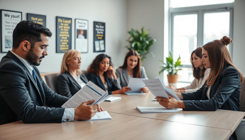 A professional office setting, featuring a diverse group of candidates sitting at a rectangular conference table, engaged in pre-employment screening preparations. Each candidate is dressed in polished business attire, such as suits and blouses, showcasing professionalism. In the foreground, a focused individual reviews a checklist of documents, highlighting key preparation items. The middle ground displays another candidate practicing responses to potential questions, while others observe intently. The background features a well-organized office with motivational posters and a potted plant for a touch of warmth. Soft, natural light filters through a large window, creating a calm and serious atmosphere conducive to preparation. A slight depth of field emphasizes the candidates, ensuring the focus remains on their activities and expressions. A professional office setting, featuring a diverse group of candidates sitting at a rectangular conference table, engaged in pre-employment screening preparations. Each candidate is dressed in polished business attire, such as suits and blouses, showcasing professionalism. In the foreground, a focused individual reviews a checklist of documents, highlighting key preparation items. The middle ground displays another candidate practicing responses to potential questions, while others observe intently. The background features a well-organized office with motivational posters and a potted plant for a touch of warmth. Soft, natural light filters through a large window, creating a calm and serious atmosphere conducive to preparation. A slight depth of field emphasizes the candidates, ensuring the focus remains on their activities and expressions.