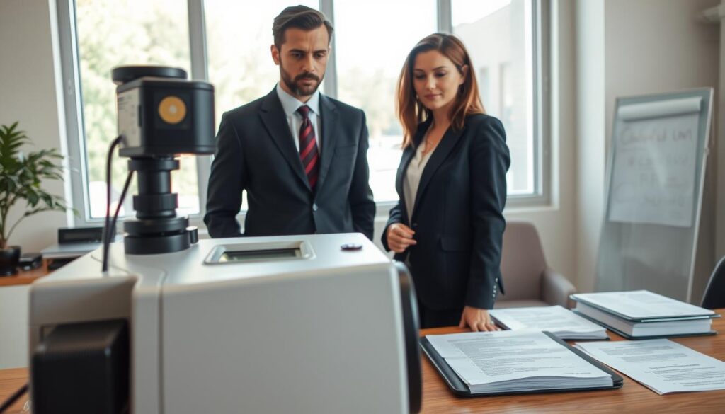A professional office setting with a focus on workplace polygraph testing, showcasing a polygraph machine prominently in the foreground. Two business professionals, a male and a female, are engaged in a serious discussion, both dressed in smart business attire. The background features a large window with natural light streaming in, illuminating a well-organized workspace with legal documents and compliance guidelines neatly arranged on a desk. The overall atmosphere is formal and focused, conveying the importance of legal compliance in polygraph testing. The camera angle captures the professionals from slightly above, adding depth to the scene while maintaining a clear focus on the polygraph machine and the individuals' expressions. A professional office setting with a focus on workplace polygraph testing, showcasing a polygraph machine prominently in the foreground. Two business professionals, a male and a female, are engaged in a serious discussion, both dressed in smart business attire. The background features a large window with natural light streaming in, illuminating a well-organized workspace with legal documents and compliance guidelines neatly arranged on a desk. The overall atmosphere is formal and focused, conveying the importance of legal compliance in polygraph testing. The camera angle captures the professionals from slightly above, adding depth to the scene while maintaining a clear focus on the polygraph machine and the individuals' expressions.