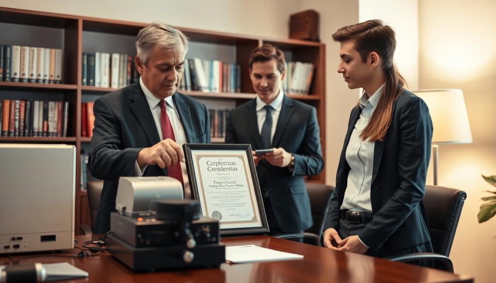 A professional setting where a polygraph examiner is reviewing credentials with a client. In the foreground, a neatly arranged desk displays a polygraph machine, official documents, and a framed certificate of accreditation. The middle features the examiner, a middle-aged person in a business suit, showing a confident and knowledgeable demeanor, pointing at the documents. The client, a young professional in smart casual attire, looks engaged and attentive. The background suggests an office environment with shelves filled with books and industry publications, and soft, warm lighting adds a welcoming atmosphere. The angle captures the interaction, emphasizing trust and professionalism in polygraph testing credentials. The overall mood is serious yet constructive, highlighting the importance of credential verification. A professional setting where a polygraph examiner is reviewing credentials with a client. In the foreground, a neatly arranged desk displays a polygraph machine, official documents, and a framed certificate of accreditation. The middle features the examiner, a middle-aged person in a business suit, showing a confident and knowledgeable demeanor, pointing at the documents. The client, a young professional in smart casual attire, looks engaged and attentive. The background suggests an office environment with shelves filled with books and industry publications, and soft, warm lighting adds a welcoming atmosphere. The angle captures the interaction, emphasizing trust and professionalism in polygraph testing credentials. The overall mood is serious yet constructive, highlighting the importance of credential verification.