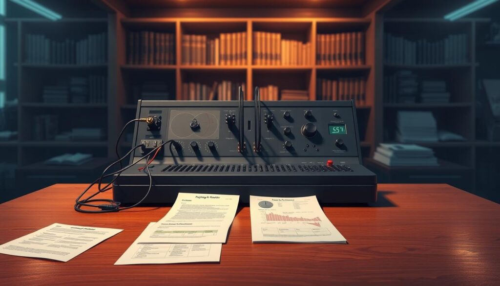 A sophisticated illustration depicting the "Factors Influencing Results" in polygraph accuracy. Foreground: an elegant, detailed polygraph machine showcasing sensors and wires, positioned on a polished wooden table. Middle ground: notes and charts spread around the machine, highlighting different factors like stress levels, emotions, and physiological responses. Background: a soft-focus laboratory setting featuring shelves with relevant books and research materials, dimly lit for an atmospheric effect. The lighting should be warm and inviting, highlighting the intricate details of the polygraph while creating subtle shadows. Angle: a slightly elevated perspective capturing both the machine and the surrounding context. The mood should be informative yet contemplative, reflecting the seriousness of polygraph testing. A sophisticated illustration depicting the "Factors Influencing Results" in polygraph accuracy. Foreground: an elegant, detailed polygraph machine showcasing sensors and wires, positioned on a polished wooden table. Middle ground: notes and charts spread around the machine, highlighting different factors like stress levels, emotions, and physiological responses. Background: a soft-focus laboratory setting featuring shelves with relevant books and research materials, dimly lit for an atmospheric effect. The lighting should be warm and inviting, highlighting the intricate details of the polygraph while creating subtle shadows. Angle: a slightly elevated perspective capturing both the machine and the surrounding context. The mood should be informative yet contemplative, reflecting the seriousness of polygraph testing.