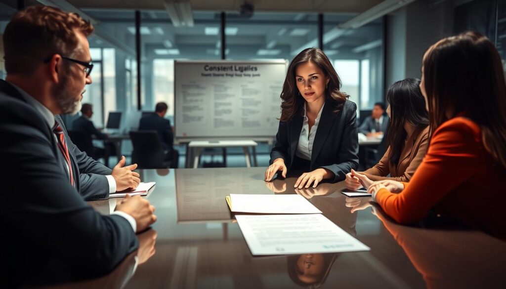 In a modern office setting, a diverse group of professionals engages in a discussion about workplace legalities regarding polygraph tests. In the foreground, a confident woman in business attire gestures toward a legal document on a polished conference table. To her left, a man in a suit leans forward, listening intently while taking notes. The middle ground features a whiteboard filled with charts explaining consent and legal rights, illuminated by soft, natural lighting from large windows. In the background, blurred silhouettes of other employees work quietly at their desks, adding to the collaborative atmosphere. The scene conveys a mood of seriousness and professionalism, emphasizing the importance of understanding consent in workplace practices. In a modern office setting, a diverse group of professionals engages in a discussion about workplace legalities regarding polygraph tests. In the foreground, a confident woman in business attire gestures toward a legal document on a polished conference table. To her left, a man in a suit leans forward, listening intently while taking notes. The middle ground features a whiteboard filled with charts explaining consent and legal rights, illuminated by soft, natural lighting from large windows. In the background, blurred silhouettes of other employees work quietly at their desks, adding to the collaborative atmosphere. The scene conveys a mood of seriousness and professionalism, emphasizing the importance of understanding consent in workplace practices.
