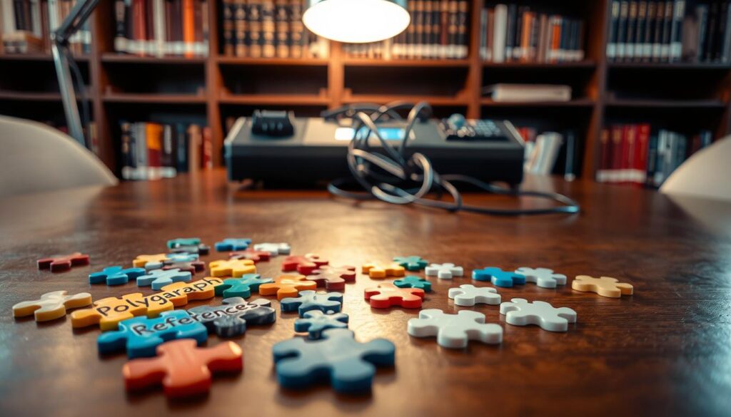 A close-up view of an executive workspace dedicated to vetting and integrity screening. In the foreground, colorful puzzle pieces labeled with keywords like "Polygraph" and "References" are scattered on a polished wooden table, symbolizing the complexity of the vetting process. In the middle, a sleek polygraph machine is positioned prominently, with wires and sensors arranged neatly, reflecting high-tech professionalism. In the background, blurred shelves filled with reference books on management and leadership create an academic atmosphere. Soft, warm lighting from a modern desk lamp casts gentle shadows, enhancing the serious yet encouraging mood of the setting. The image captures the essence of combining polygraph testing with reference checks in an executive environment. A close-up view of an executive workspace dedicated to vetting and integrity screening. In the foreground, colorful puzzle pieces labeled with keywords like "Polygraph" and "References" are scattered on a polished wooden table, symbolizing the complexity of the vetting process. In the middle, a sleek polygraph machine is positioned prominently, with wires and sensors arranged neatly, reflecting high-tech professionalism. In the background, blurred shelves filled with reference books on management and leadership create an academic atmosphere. Soft, warm lighting from a modern desk lamp casts gentle shadows, enhancing the serious yet encouraging mood of the setting. The image captures the essence of combining polygraph testing with reference checks in an executive environment.