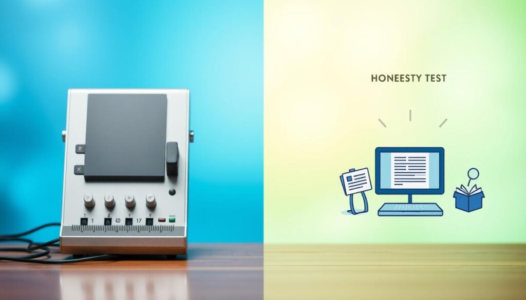 A detailed comparison chart featuring polygraph testing and honesty assessment tools. In the foreground, an elegant split design with two sections: on the left, a sleek polygraph machine with indicators and wires, and on the right, an illustration of an honesty test setup, such as a questionnaire or digital interface. The middle layer includes a soft gradient background that transitions from blue to green, symbolizing trust and integrity. The background should be blurred slightly to emphasize focus on the chart features. Lighting should be soft yet bright, creating an inviting atmosphere, with a medium depth of field. The mood is analytical and professional, suitable for a business or scientific context. No text or watermarks should be present in the image. A detailed comparison chart featuring polygraph testing and honesty assessment tools. In the foreground, an elegant split design with two sections: on the left, a sleek polygraph machine with indicators and wires, and on the right, an illustration of an honesty test setup, such as a questionnaire or digital interface. The middle layer includes a soft gradient background that transitions from blue to green, symbolizing trust and integrity. The background should be blurred slightly to emphasize focus on the chart features. Lighting should be soft yet bright, creating an inviting atmosphere, with a medium depth of field. The mood is analytical and professional, suitable for a business or scientific context. No text or watermarks should be present in the image.