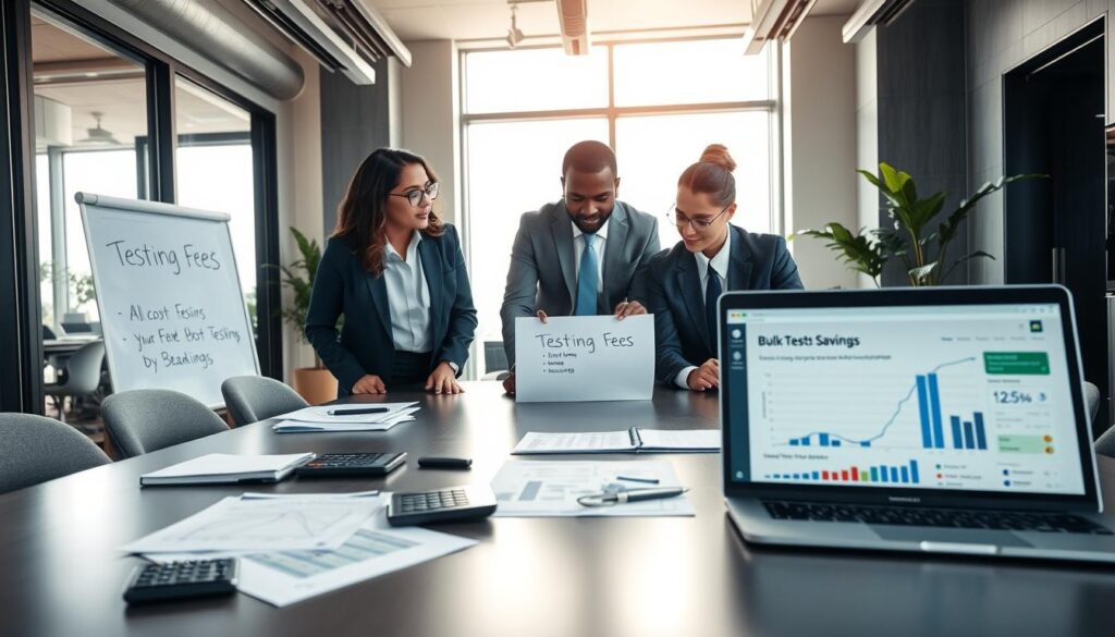 A modern office environment showcasing a sophisticated meeting room with a large conference table. In the foreground, a diverse group of three professional individuals, dressed in business attire, engaged in a discussion while examining a detailed document titled "Testing Fees". On the table, various calculators, spreadsheets, and an open laptop displaying graphs and charts related to cost savings from bulk testing. In the middle ground, a whiteboard with bullet points about "Bulk Testing Savings" is visible, along with natural light streaming through large windows, creating a warm, collaborative atmosphere. The background features sleek office decor and indoor plants, adding a touch of professionalism. The lighting is soft and inviting, providing a sense of focus and productivity. A modern office environment showcasing a sophisticated meeting room with a large conference table. In the foreground, a diverse group of three professional individuals, dressed in business attire, engaged in a discussion while examining a detailed document titled "Testing Fees". On the table, various calculators, spreadsheets, and an open laptop displaying graphs and charts related to cost savings from bulk testing. In the middle ground, a whiteboard with bullet points about "Bulk Testing Savings" is visible, along with natural light streaming through large windows, creating a warm, collaborative atmosphere. The background features sleek office decor and indoor plants, adding a touch of professionalism. The lighting is soft and inviting, providing a sense of focus and productivity.