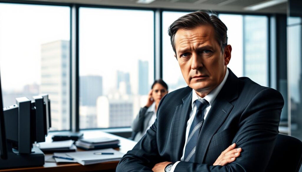 A modern office environment showcasing the consequences of lie detection misunderstandings in HR. Foreground: a serious-looking HR manager in a tailored suit, seated at a desk cluttered with documents, a polygraph machine visibly present. Middle: a worried employee in smart casual attire, seated across from the manager, their body language expressing anxiety. Background: a large window revealing a cityscape, with soft natural light filtering in, creating a professional yet tense atmosphere. The focus is sharp on the HR manager's confident expression, while the employee appears slightly blurred to emphasize their uncertainty. The overall mood is serious and contemplative, highlighting the weight of misconceptions in the workplace regarding lie detection practices. A modern office environment showcasing the consequences of lie detection misunderstandings in HR. Foreground: a serious-looking HR manager in a tailored suit, seated at a desk cluttered with documents, a polygraph machine visibly present. Middle: a worried employee in smart casual attire, seated across from the manager, their body language expressing anxiety. Background: a large window revealing a cityscape, with soft natural light filtering in, creating a professional yet tense atmosphere. The focus is sharp on the HR manager's confident expression, while the employee appears slightly blurred to emphasize their uncertainty. The overall mood is serious and contemplative, highlighting the weight of misconceptions in the workplace regarding lie detection practices.