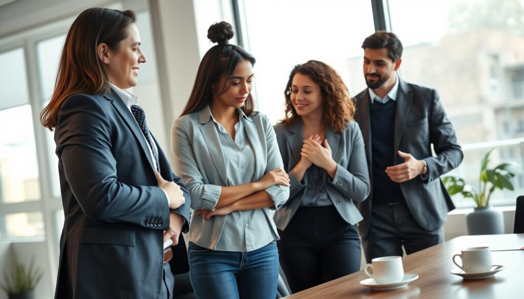 A modern, professional office setting where a diverse group of employees is engaged in a supportive discussion. In the foreground, an empathetic manager in smart business attire is leaning slightly forward, listening intently to a distressed employee dressed in casual but professional clothing. The employee appears relieved to share their experience after a polygraph test. In the middle ground, another co-worker offers a comforting gesture, symbolizing solidarity, while a notepad and coffee cups sit on a nearby conference table, adding a touch of warmth to the scene. The background features soft, natural lighting coming through large windows, enhancing a sense of openness and trust. The overall mood is one of understanding and collaboration, fostering a positive and safe workplace atmosphere. A modern, professional office setting where a diverse group of employees is engaged in a supportive discussion. In the foreground, an empathetic manager in smart business attire is leaning slightly forward, listening intently to a distressed employee dressed in casual but professional clothing. The employee appears relieved to share their experience after a polygraph test. In the middle ground, another co-worker offers a comforting gesture, symbolizing solidarity, while a notepad and coffee cups sit on a nearby conference table, adding a touch of warmth to the scene. The background features soft, natural lighting coming through large windows, enhancing a sense of openness and trust. The overall mood is one of understanding and collaboration, fostering a positive and safe workplace atmosphere.