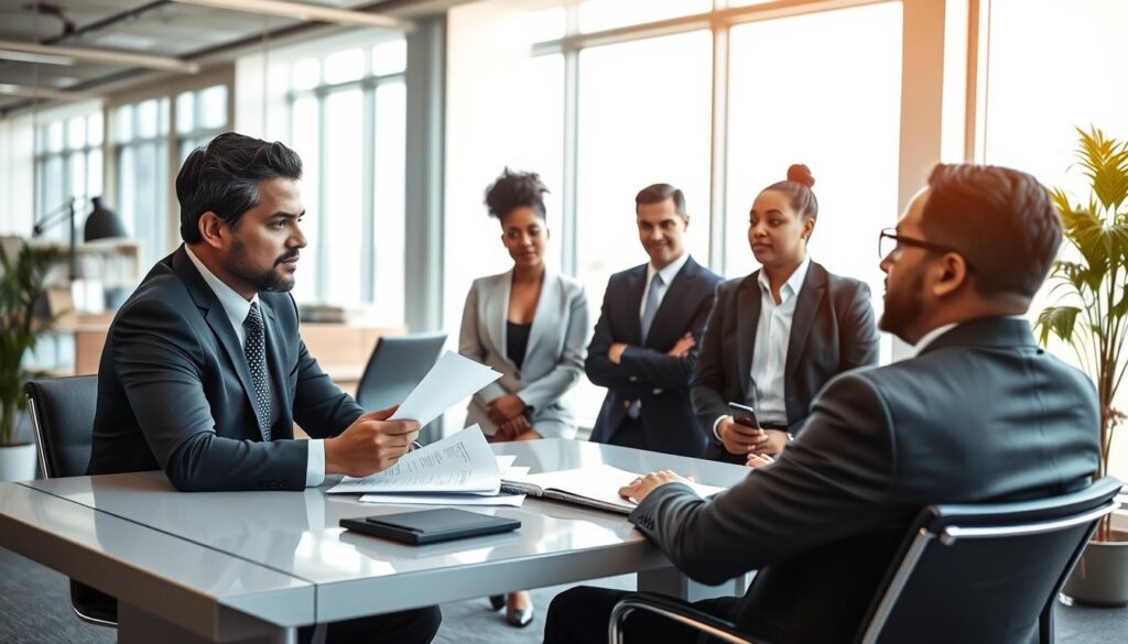 A professional office setting showcasing a diverse group of candidates engaged in a formal interview process. In the foreground, a confident hiring manager in business attire is seated at a sleek desk, reviewing documents and maintaining eye contact with candidates, demonstrating active engagement. In the middle ground, three candidates of varying backgrounds, dressed in smart business attire, are attentively listening and responding, conveying a sense of professionalism and sincerity. The background features a modern office environment with large windows allowing natural light to illuminate the scene, casting soft shadows and creating an inviting atmosphere. The overall mood is focused and respectful, emphasizing clear communication and the vetting process during candidate selection. Use a standard lens with a slight depth of field to keep the focus on the individuals while softly blurring the background. A professional office setting showcasing a diverse group of candidates engaged in a formal interview process. In the foreground, a confident hiring manager in business attire is seated at a sleek desk, reviewing documents and maintaining eye contact with candidates, demonstrating active engagement. In the middle ground, three candidates of varying backgrounds, dressed in smart business attire, are attentively listening and responding, conveying a sense of professionalism and sincerity. The background features a modern office environment with large windows allowing natural light to illuminate the scene, casting soft shadows and creating an inviting atmosphere. The overall mood is focused and respectful, emphasizing clear communication and the vetting process during candidate selection. Use a standard lens with a slight depth of field to keep the focus on the individuals while softly blurring the background.