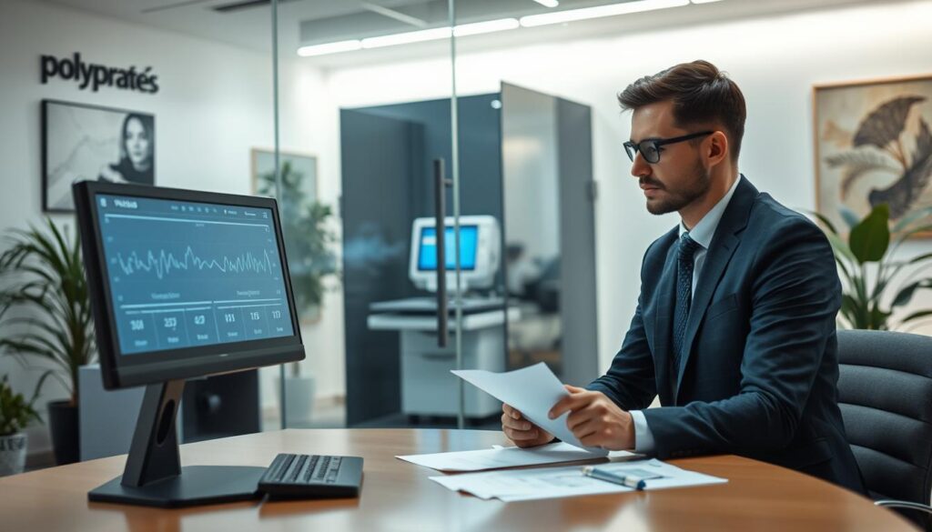 A professional setting depicting the polygraph screening decision process. In the foreground, a well-dressed HR manager reviews documents on a modern desk, looking thoughtfully at a digital display showing polygraph results with fluctuating graphs. In the middle, a clear glass panel separates a private room where a polygraph machine sits, the monitor illuminating a calm, focused atmosphere. The background features a softly lit office space with corporate branding, plants, and abstract art to enhance the professionalism. Soft, diffused lighting creates a serious yet inviting mood, suggesting sensitivity and confidentiality. The scene captures the complexity of handling declines in the polygraph process, illustrating the balance between human insight and technology. A professional setting depicting the polygraph screening decision process. In the foreground, a well-dressed HR manager reviews documents on a modern desk, looking thoughtfully at a digital display showing polygraph results with fluctuating graphs. In the middle, a clear glass panel separates a private room where a polygraph machine sits, the monitor illuminating a calm, focused atmosphere. The background features a softly lit office space with corporate branding, plants, and abstract art to enhance the professionalism. Soft, diffused lighting creates a serious yet inviting mood, suggesting sensitivity and confidentiality. The scene captures the complexity of handling declines in the polygraph process, illustrating the balance between human insight and technology.