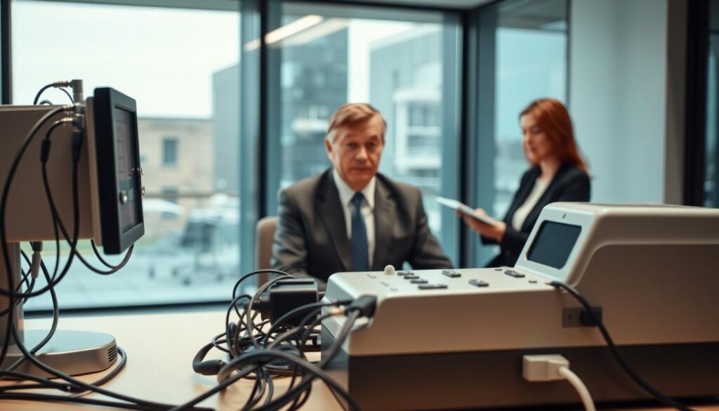 A professional setting featuring a modern polygraph machine prominently placed in the foreground, with wires and sensors organized neatly. In the middle ground, a well-dressed individual in business attire sits facing the polygraph, looking focused and slightly anxious as they answer leadership questions, with a calm and attentive examiner nearby taking notes. The background showcases a sleek, well-lit office space with large windows, allowing natural light to filter in, emphasizing an atmosphere of seriousness and integrity. The scene is shot with a slight depth of field to draw attention to the polygraph while keeping the individuals in clear focus, creating an engaging visual representation of integrity screening for management roles. A professional setting featuring a modern polygraph machine prominently placed in the foreground, with wires and sensors organized neatly. In the middle ground, a well-dressed individual in business attire sits facing the polygraph, looking focused and slightly anxious as they answer leadership questions, with a calm and attentive examiner nearby taking notes. The background showcases a sleek, well-lit office space with large windows, allowing natural light to filter in, emphasizing an atmosphere of seriousness and integrity. The scene is shot with a slight depth of field to draw attention to the polygraph while keeping the individuals in clear focus, creating an engaging visual representation of integrity screening for management roles.