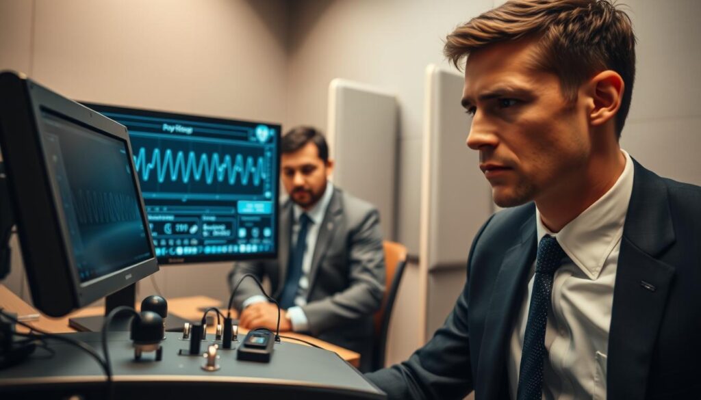 A professional setting for a polygraph test sequence, focusing on the themes of privacy and confidentiality. In the foreground, a sleek, modern polygraph machine with wires and sensors connected to a human subject dressed in a formal suit, displaying a look of concentration. In the middle ground, a focused examiner, also in business attire, closely monitors the test results on a computer screen, showcasing the detailed data visualization. The background features a softly lit room with soundproofing panels and privacy screens to emphasize confidentiality. The atmosphere is serious and quiet, with a warm color palette to evoke a sense of trust and professionalism. The image is captured from a slightly elevated angle, highlighting the interaction between the subject and the examiner. A professional setting for a polygraph test sequence, focusing on the themes of privacy and confidentiality. In the foreground, a sleek, modern polygraph machine with wires and sensors connected to a human subject dressed in a formal suit, displaying a look of concentration. In the middle ground, a focused examiner, also in business attire, closely monitors the test results on a computer screen, showcasing the detailed data visualization. The background features a softly lit room with soundproofing panels and privacy screens to emphasize confidentiality. The atmosphere is serious and quiet, with a warm color palette to evoke a sense of trust and professionalism. The image is captured from a slightly elevated angle, highlighting the interaction between the subject and the examiner.