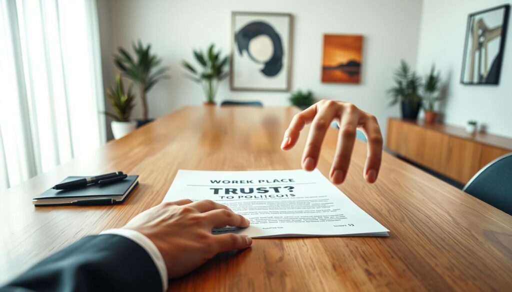 A professional workplace trust policy document lies neatly on a wooden conference table, surrounded by a few pens and a notepad. In the foreground, a pair of hands in a business suit reaches towards the document, emphasizing engagement and attention to the policy. The middle ground features a large window with natural light pouring in, illuminating the document, creating a warm and inviting atmosphere. The background shows a modern office with subtle decor, including potted plants and abstract artwork on the walls, suggesting a progressive and thoughtful workplace environment. The angle is slightly overhead, capturing both the document's details and the office ambiance. The mood is one of determination and clarity, reflecting the importance of updating workplace policies for rebuilding trust. A professional workplace trust policy document lies neatly on a wooden conference table, surrounded by a few pens and a notepad. In the foreground, a pair of hands in a business suit reaches towards the document, emphasizing engagement and attention to the policy. The middle ground features a large window with natural light pouring in, illuminating the document, creating a warm and inviting atmosphere. The background shows a modern office with subtle decor, including potted plants and abstract artwork on the walls, suggesting a progressive and thoughtful workplace environment. The angle is slightly overhead, capturing both the document's details and the office ambiance. The mood is one of determination and clarity, reflecting the importance of updating workplace policies for rebuilding trust.