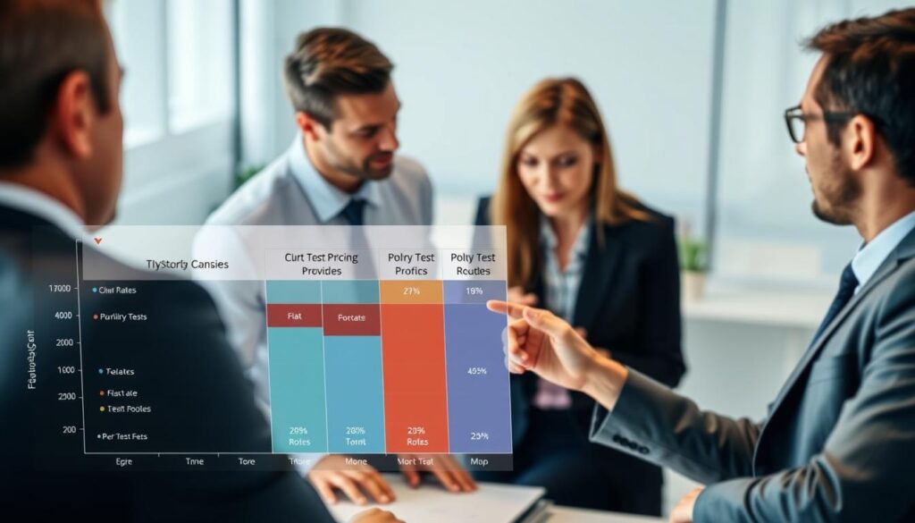 Create an informative and visually appealing image that illustrates a comparison of polygraph pricing models. In the foreground, use a sleek, modern chart displaying various pricing tiers, with distinct colors and shapes to represent different models such as flat rates, hourly rates, and per-test fees. In the middle ground, include professionals in business attire, discussing the chart, with one pointing to a specific pricing model. In the background, a soft-focus office setting with subtle lighting, indicating a serious yet collaborative atmosphere. Use natural lighting to highlight the professionals’ expressions. The angle should be slightly overhead to capture both the chart and the engaging discussion, evoking a sense of analysis and decision-making. Create an informative and visually appealing image that illustrates a comparison of polygraph pricing models. In the foreground, use a sleek, modern chart displaying various pricing tiers, with distinct colors and shapes to represent different models such as flat rates, hourly rates, and per-test fees. In the middle ground, include professionals in business attire, discussing the chart, with one pointing to a specific pricing model. In the background, a soft-focus office setting with subtle lighting, indicating a serious yet collaborative atmosphere. Use natural lighting to highlight the professionals’ expressions. The angle should be slightly overhead to capture both the chart and the engaging discussion, evoking a sense of analysis and decision-making.