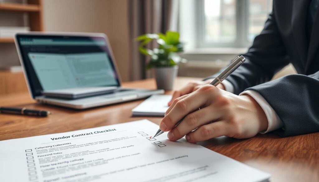 A close-up view of a detailed vendor contract checklist, prominently featuring a well-organized sheet with bullet points and checkbox items, placed on a polished wooden desk. In the foreground, a pair of professional hands, dressed in formal business attire, are holding a pen, poised to check off items. In the middle, a soft-focus laptop displays legal documents, while a potted plant adds a touch of greenery for a calm atmosphere. The background suggests a modern office environment with neutral colors, natural light streaming through a window, casting gentle shadows. The overall mood is serious yet approachable, with an emphasis on professionalism and attention to detail in the vendor selection process.