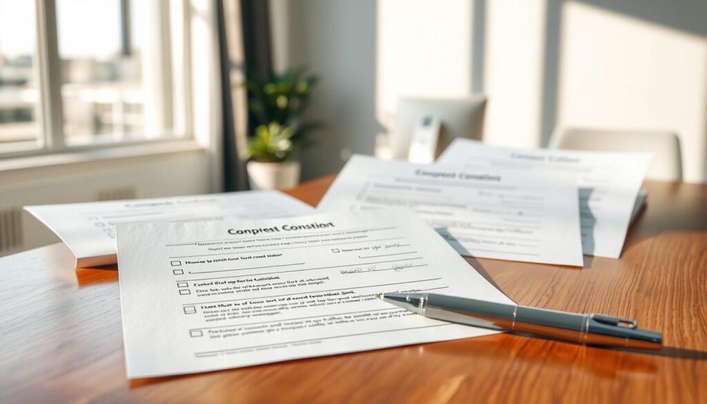 A close-up view of several sample consent forms arranged neatly on a polished wooden desk. The forms are printed on high-quality paper, displaying clearly structured text with checkboxes and signature lines. In the foreground, a pen rests beside the forms ready for signing. Soft, natural light streams in from a nearby window, casting gentle shadows and creating an inviting, professional atmosphere. The middle ground includes a blurred but recognizable scene of a modern office with subtle elements like a simple plant and a computer in the background, enhancing the focus on the consent forms. The overall mood is serious yet approachable, emphasizing the importance of informed consent in a formal testing environment.
