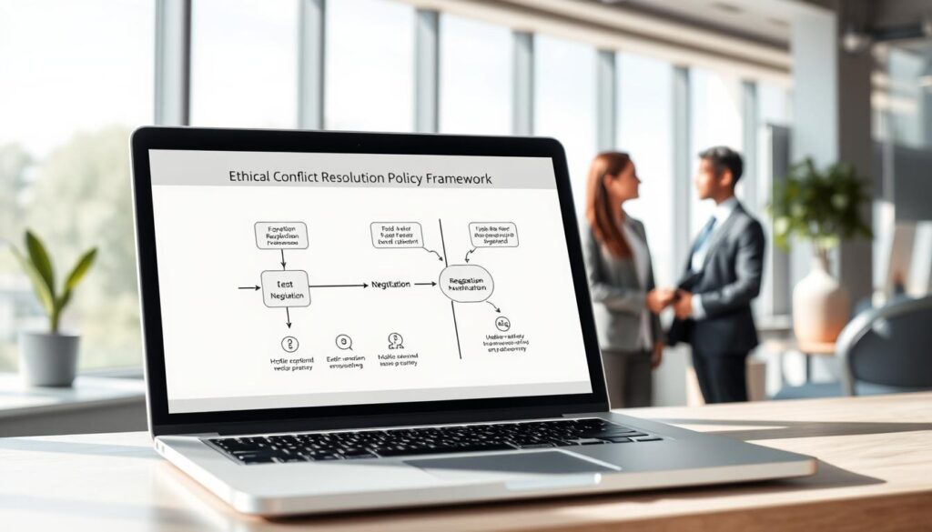 A conceptual illustration of an "Ethical Conflict Resolution Policy Framework". In the foreground, an open laptop displays a digital flowchart illustrating various paths of resolution, prominently featuring icons of negotiation, mediation, and arbitration. In the middle ground, a diverse group of three professionals in business attire engage in a discussion, demonstrating active listening and collaboration. The background shows a contemporary office environment with large windows allowing natural light to flood in, creating a bright and optimistic atmosphere. Soft shadows enhance depth, and a slight blur effect on the background makes the subjects pop. The overall mood is one of professionalism, unity, and constructive dialogue. A conceptual illustration of an "Ethical Conflict Resolution Policy Framework". In the foreground, an open laptop displays a digital flowchart illustrating various paths of resolution, prominently featuring icons of negotiation, mediation, and arbitration. In the middle ground, a diverse group of three professionals in business attire engage in a discussion, demonstrating active listening and collaboration. The background shows a contemporary office environment with large windows allowing natural light to flood in, creating a bright and optimistic atmosphere. Soft shadows enhance depth, and a slight blur effect on the background makes the subjects pop. The overall mood is one of professionalism, unity, and constructive dialogue.