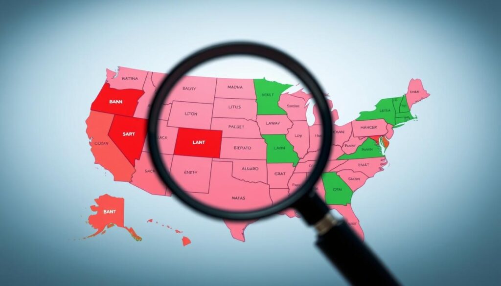 A detailed map of the United States highlighting regional variations in polygraph law, focusing on areas with strict bans and allowances. In the foreground, showcase a magnifying glass positioned over the map, symbolizing scrutiny and analysis. The middle ground should feature vibrant color coding to indicate states with strict bans in red and those with allowances in green, alongside symbolic icons representing legality, such as gavel and shield icons. In the background, a soft gradient of blues and grays creates a professional atmosphere. The lighting is neutral and clear, emphasizing clarity and focus. The scene conveys a sense of analytical rigor and legal seriousness, ideal for an informative article on polygraph laws. A detailed map of the United States highlighting regional variations in polygraph law, focusing on areas with strict bans and allowances. In the foreground, showcase a magnifying glass positioned over the map, symbolizing scrutiny and analysis. The middle ground should feature vibrant color coding to indicate states with strict bans in red and those with allowances in green, alongside symbolic icons representing legality, such as gavel and shield icons. In the background, a soft gradient of blues and grays creates a professional atmosphere. The lighting is neutral and clear, emphasizing clarity and focus. The scene conveys a sense of analytical rigor and legal seriousness, ideal for an informative article on polygraph laws.