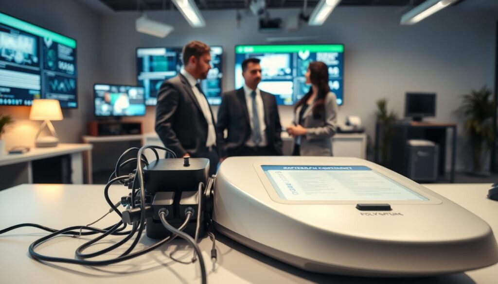 A modern office environment focusing on the safety and security industry, with a sleek polygraph machine in the foreground. The machine should be clearly visible with wires and sensors connected, set against a backdrop of a well-lit, professional workspace featuring monitors displaying security data. In the middle ground, two professionals in business attire—one male and one female—are discussing the polygraph results, conveying a serious atmosphere. The lighting is bright yet soft, creating a professional mood that emphasizes the importance of compliance and security. The angle should be slightly elevated, capturing both the polygraph and the interaction of the professionals while subtly highlighting the surrounding office elements, such as surveillance cameras and safety compliance checklists. A modern office environment focusing on the safety and security industry, with a sleek polygraph machine in the foreground. The machine should be clearly visible with wires and sensors connected, set against a backdrop of a well-lit, professional workspace featuring monitors displaying security data. In the middle ground, two professionals in business attire—one male and one female—are discussing the polygraph results, conveying a serious atmosphere. The lighting is bright yet soft, creating a professional mood that emphasizes the importance of compliance and security. The angle should be slightly elevated, capturing both the polygraph and the interaction of the professionals while subtly highlighting the surrounding office elements, such as surveillance cameras and safety compliance checklists.