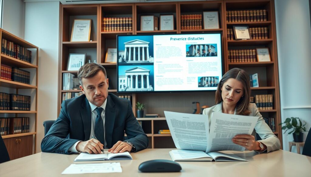 A modern office setting focused on the analysis of precedent cases in workplace disputes. In the foreground, a professional-looking man and woman in business attire are seated at a conference table, examining legal documents with serious expressions. The middle ground features a large screen displaying charts, case summaries, and images of courthouse buildings. The background shows shelves filled with law books and framed certificates, hinting at a rich legal environment. The lighting is soft and focused, creating a warm yet serious atmosphere, enhancing the feeling of professionalism and collaboration. The angle is slightly above eye level, providing a comprehensive view of the scene, emphasizing the importance of thorough analysis in legal matters. A modern office setting focused on the analysis of precedent cases in workplace disputes. In the foreground, a professional-looking man and woman in business attire are seated at a conference table, examining legal documents with serious expressions. The middle ground features a large screen displaying charts, case summaries, and images of courthouse buildings. The background shows shelves filled with law books and framed certificates, hinting at a rich legal environment. The lighting is soft and focused, creating a warm yet serious atmosphere, enhancing the feeling of professionalism and collaboration. The angle is slightly above eye level, providing a comprehensive view of the scene, emphasizing the importance of thorough analysis in legal matters.