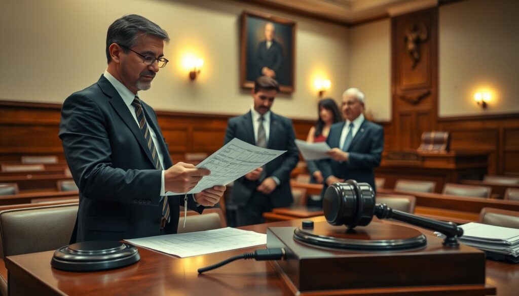 A professional and poised lawyer standing confidently at a courtroom table, reviewing a polygraph chart, showcasing a complex and intricate polygraph machine in the foreground. In the middle, a serious discussion occurs with colleagues, emphasizing teamwork and collaboration in facing legal challenges. The background features a traditional courtroom setting with wooden benches and a gavel on the judge's desk, illuminated by soft, warm lighting that creates an atmosphere of contemplation and determination. The focus is on the lawyer, dressed in formal business attire, reflecting professionalism as they engage in a crucial discussion. The lens captures the scene from a slightly elevated angle, highlighting both the lawyer's expressions and the details of the polygraph equipment. A professional and poised lawyer standing confidently at a courtroom table, reviewing a polygraph chart, showcasing a complex and intricate polygraph machine in the foreground. In the middle, a serious discussion occurs with colleagues, emphasizing teamwork and collaboration in facing legal challenges. The background features a traditional courtroom setting with wooden benches and a gavel on the judge's desk, illuminated by soft, warm lighting that creates an atmosphere of contemplation and determination. The focus is on the lawyer, dressed in formal business attire, reflecting professionalism as they engage in a crucial discussion. The lens captures the scene from a slightly elevated angle, highlighting both the lawyer's expressions and the details of the polygraph equipment.
