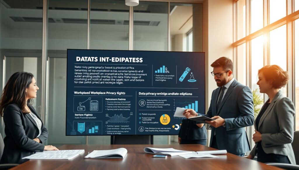A professional business setting tailored to illustrate "data privacy legal responsibilities." In the foreground, a diverse group of four individuals in business attire engage around a conference table, examining documents with visible data charts. The middle ground features a large, sleek digital screen displaying infographics about data security laws and workplace privacy rights. The background shows a modern office environment with large windows allowing natural light to flood in, creating a calm and focused atmosphere. Use a warm, inviting color palette to enhance the mood of professionalism and trust. The camera angle should be slightly elevated, capturing the engaged expressions of the individuals while emphasizing the data on the screen.