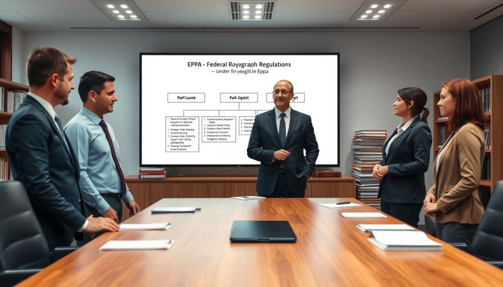 A professional office setting illustrating the concept of federal polygraph regulations under the EPPA. In the foreground, a diverse group of three individuals—two men and one woman—dressed in formal business attire, stand engaged in a discussion. They are surrounded by a large wooden conference table, notebooks and pens scattered about. In the middle ground, a large screen displaying a simplified flowchart of the EPPA regulations and guidelines can be seen, highlighting key points related to polygraph testing. The background features a well-organized office with stacks of legal books and documents to convey authority and compliance. Soft, natural lighting from a large window creates a calm and focused atmosphere, with a slight blurred effect on the background to emphasize the discussion at hand. A professional office setting illustrating the concept of federal polygraph regulations under the EPPA. In the foreground, a diverse group of three individuals—two men and one woman—dressed in formal business attire, stand engaged in a discussion. They are surrounded by a large wooden conference table, notebooks and pens scattered about. In the middle ground, a large screen displaying a simplified flowchart of the EPPA regulations and guidelines can be seen, highlighting key points related to polygraph testing. The background features a well-organized office with stacks of legal books and documents to convey authority and compliance. Soft, natural lighting from a large window creates a calm and focused atmosphere, with a slight blurred effect on the background to emphasize the discussion at hand.