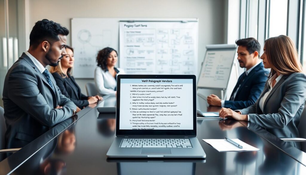 A professional setting depicting a business meeting focused on vetting polygraph vendors. In the foreground, a diverse group of business professionals in business attire are seated around a sleek conference table, reviewing a document with questions about vendor compliance and polygraph protocols. The middle area shows an open laptop displaying a detailed list of questions related to vendor vetting. The background includes a whiteboard with flowcharts and checklists, and soft natural lighting filters through large windows, creating a bright, focused atmosphere. The scene conveys a sense of professionalism and diligence, with everyone engaged in discussion.