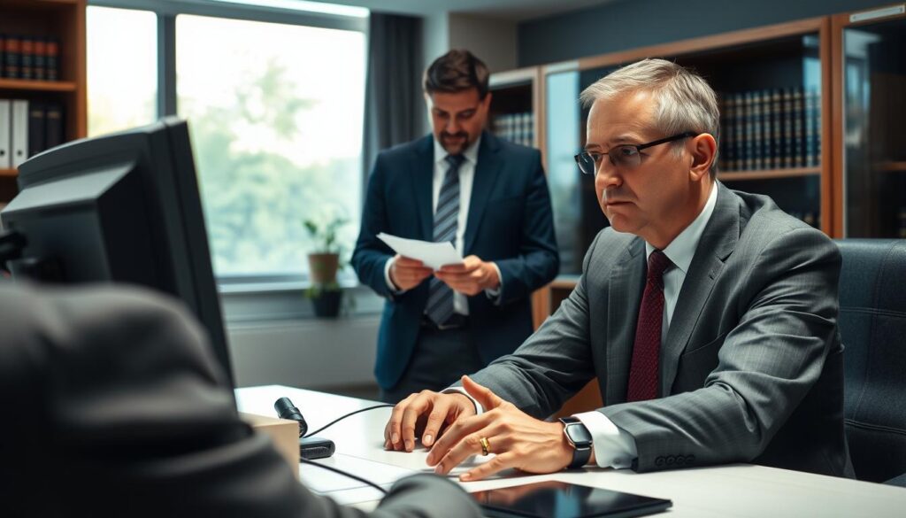 A professional setting depicting an employer polygraph screening investigation. In the foreground, a serious and attentive individual in business attire is sitting at a desk, connected to a polygraph machine, with sensors attached to their arms and fingers. The middle ground features a trained examiner, also in formal attire, carefully monitoring the machine's readings and taking notes, with a professional demeanor. In the background, a modern office setting includes a large window with natural light filtering through, casting soft shadows, and a bookshelf filled with legal texts. The overall atmosphere is one of professionalism and tension, reflecting the serious nature of polygraph testing in employment. Use soft but clear lighting for a realistic effect, capturing both the intensity of the situation and a sense of formal decorum. A professional setting depicting an employer polygraph screening investigation. In the foreground, a serious and attentive individual in business attire is sitting at a desk, connected to a polygraph machine, with sensors attached to their arms and fingers. The middle ground features a trained examiner, also in formal attire, carefully monitoring the machine's readings and taking notes, with a professional demeanor. In the background, a modern office setting includes a large window with natural light filtering through, casting soft shadows, and a bookshelf filled with legal texts. The overall atmosphere is one of professionalism and tension, reflecting the serious nature of polygraph testing in employment. Use soft but clear lighting for a realistic effect, capturing both the intensity of the situation and a sense of formal decorum.