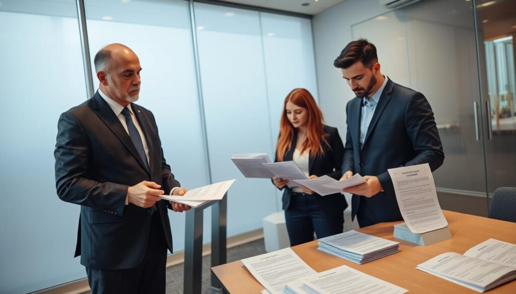 A professional setting of a pre-test consent forms briefing for polygraph testing, featuring a diverse group of four individuals. In the foreground, a well-dressed male facilitator stands beside a table covered with consent forms and informational brochures. The middle ground includes two participants, one female and one male, attentively reviewing documents, both in business casual attire. The background showcases a well-lit conference room with soft, natural light filtering through large windows, creating a calm atmosphere. The scene captures a serious yet approachable mood, with focus on professionalism and clarity. The angle is slightly elevated to provide a comprehensive view of the interaction, emphasizing the importance of informed consent.
