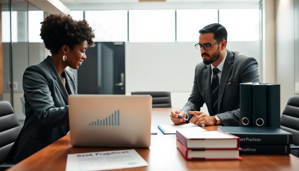A well-lit, professional office setting as the background, showcasing a conference table with legal documents, a laptop open displaying compliance charts, and a few binders labeled "Best Practices" and "Legal Compliance." In the foreground, two diverse professionals in business attire—one Black woman and one Hispanic man—are engaged in a collaborative discussion. The woman is pointing at the laptop screen, emphasizing a graph, while the man is taking notes. The lighting is bright yet soft, creating a warm and productive atmosphere. The camera angle is slightly overhead to capture the engagement and tools of compliance effectively, with a focus on fostering a strong sense of teamwork and professionalism. A well-lit, professional office setting as the background, showcasing a conference table with legal documents, a laptop open displaying compliance charts, and a few binders labeled "Best Practices" and "Legal Compliance." In the foreground, two diverse professionals in business attire—one Black woman and one Hispanic man—are engaged in a collaborative discussion. The woman is pointing at the laptop screen, emphasizing a graph, while the man is taking notes. The lighting is bright yet soft, creating a warm and productive atmosphere. The camera angle is slightly overhead to capture the engagement and tools of compliance effectively, with a focus on fostering a strong sense of teamwork and professionalism.