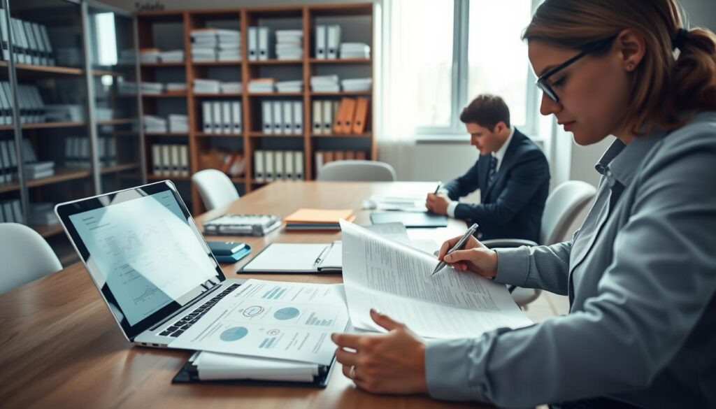 A busy office scene showcasing a professional documentation review for compliance checks. In the foreground, a business professional wearing formal attire is intently examining detailed paperwork, with a focus on charts and checklists. On the desk, there are organized folders and a laptop displaying an open digital document. The middle ground reveals a conference table where another colleague is thoughtfully annotating documents with a pen. In the background, shelves filled with compliance policy manuals and binders create a sense of thoroughness. Soft, natural lighting illuminates the space through large windows, creating a calm yet focused atmosphere. The camera angle is slightly elevated to capture the entire workspace, emphasizing professionalism and diligence in the auditing process. A busy office scene showcasing a professional documentation review for compliance checks. In the foreground, a business professional wearing formal attire is intently examining detailed paperwork, with a focus on charts and checklists. On the desk, there are organized folders and a laptop displaying an open digital document. The middle ground reveals a conference table where another colleague is thoughtfully annotating documents with a pen. In the background, shelves filled with compliance policy manuals and binders create a sense of thoroughness. Soft, natural lighting illuminates the space through large windows, creating a calm yet focused atmosphere. The camera angle is slightly elevated to capture the entire workspace, emphasizing professionalism and diligence in the auditing process.