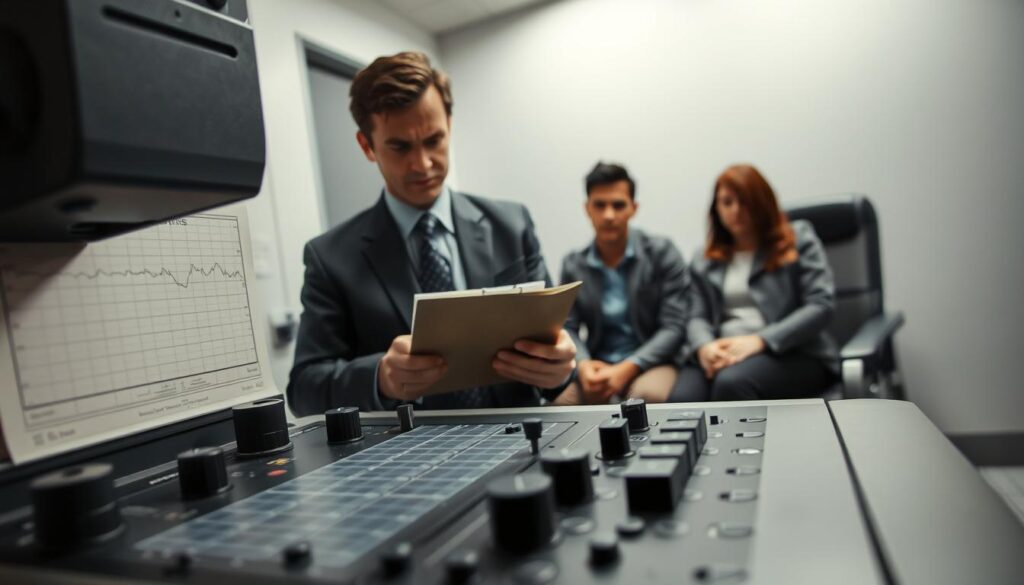 A close-up view of a polygraph machine in a bright, sterile interrogation room. In the foreground, a detailed polygraph with sensors and graph paper showing a fluctuating line, symbolizing the concept of false positives. In the middle, a serious-looking male examiner in professional business attire, observing the results intently. He holds a clipboard, with a focused expression, emphasizing the tension and uncertainty involved in polygraph testing. In the background, a confident but anxious-looking test subject, who is dressed in modest casual clothing, sitting across from the examiner, glancing nervously at the machine. The lighting is bright and clinical, casting shadows that enhance the seriousness of the situation. The mood conveys a mix of tension and skepticism, reinforcing the implications of polygraph accuracy in legal and workplace settings. A close-up view of a polygraph machine in a bright, sterile interrogation room. In the foreground, a detailed polygraph with sensors and graph paper showing a fluctuating line, symbolizing the concept of false positives. In the middle, a serious-looking male examiner in professional business attire, observing the results intently. He holds a clipboard, with a focused expression, emphasizing the tension and uncertainty involved in polygraph testing. In the background, a confident but anxious-looking test subject, who is dressed in modest casual clothing, sitting across from the examiner, glancing nervously at the machine. The lighting is bright and clinical, casting shadows that enhance the seriousness of the situation. The mood conveys a mix of tension and skepticism, reinforcing the implications of polygraph accuracy in legal and workplace settings.
