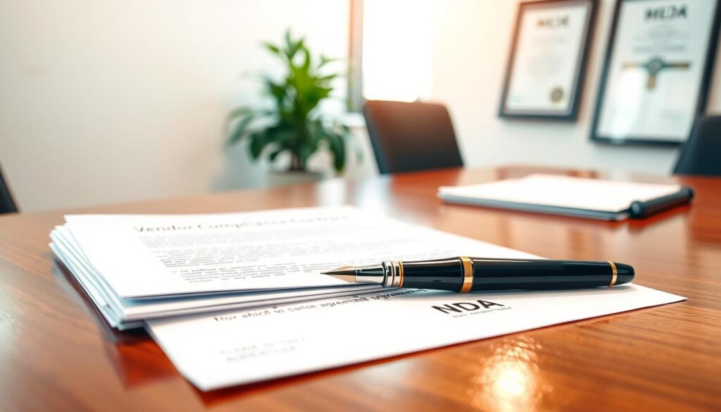 A close-up view of a vendor compliance contract and a non-disclosure agreement (NDA) document spread across a polished wooden desk. The foreground features a neat stack of papers, with the title "Vendor Compliance Contract" prominently at the top, presented in an organized manner. In the middle, an elegant fountain pen rests beside an ink blotter, hinting at a moment of decision. The background softly blurs, showcasing a professional office environment with a modern aesthetic, including a potted plant and a framed certificate on the wall. Soft, natural lighting filters in through a window, creating a warm, inviting atmosphere that conveys professionalism and trust. The overall mood emphasizes accountability and confidentiality in business dealings, focusing on clarity and integrity. A close-up view of a vendor compliance contract and a non-disclosure agreement (NDA) document spread across a polished wooden desk. The foreground features a neat stack of papers, with the title "Vendor Compliance Contract" prominently at the top, presented in an organized manner. In the middle, an elegant fountain pen rests beside an ink blotter, hinting at a moment of decision. The background softly blurs, showcasing a professional office environment with a modern aesthetic, including a potted plant and a framed certificate on the wall. Soft, natural lighting filters in through a window, creating a warm, inviting atmosphere that conveys professionalism and trust. The overall mood emphasizes accountability and confidentiality in business dealings, focusing on clarity and integrity.